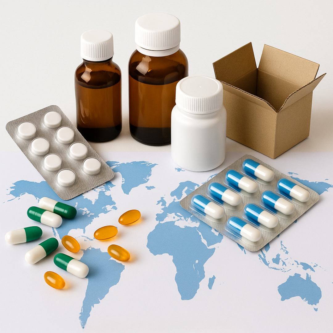 Pharmaceutical medicines, capsules, bottles and medical packaging representing Pharmet Global